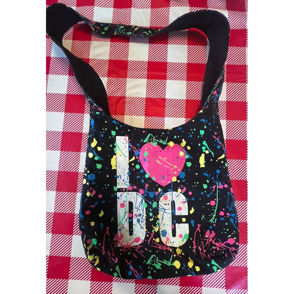 Vtg I Heart DC Splatter Neon Cross Body Canvas Bag  90s Washington DC Retro